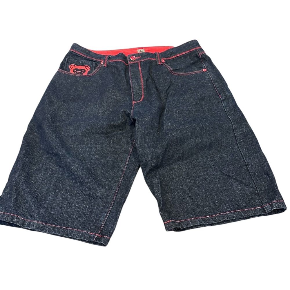 Rare Vintage Evisu Japanese dark‎ Denim Shorts Sz 38 red embroidered teddy bear